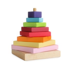 Colorful wooden toy pyramid isolated on white Photo of Colorful wooden toy pyramid isolated on white