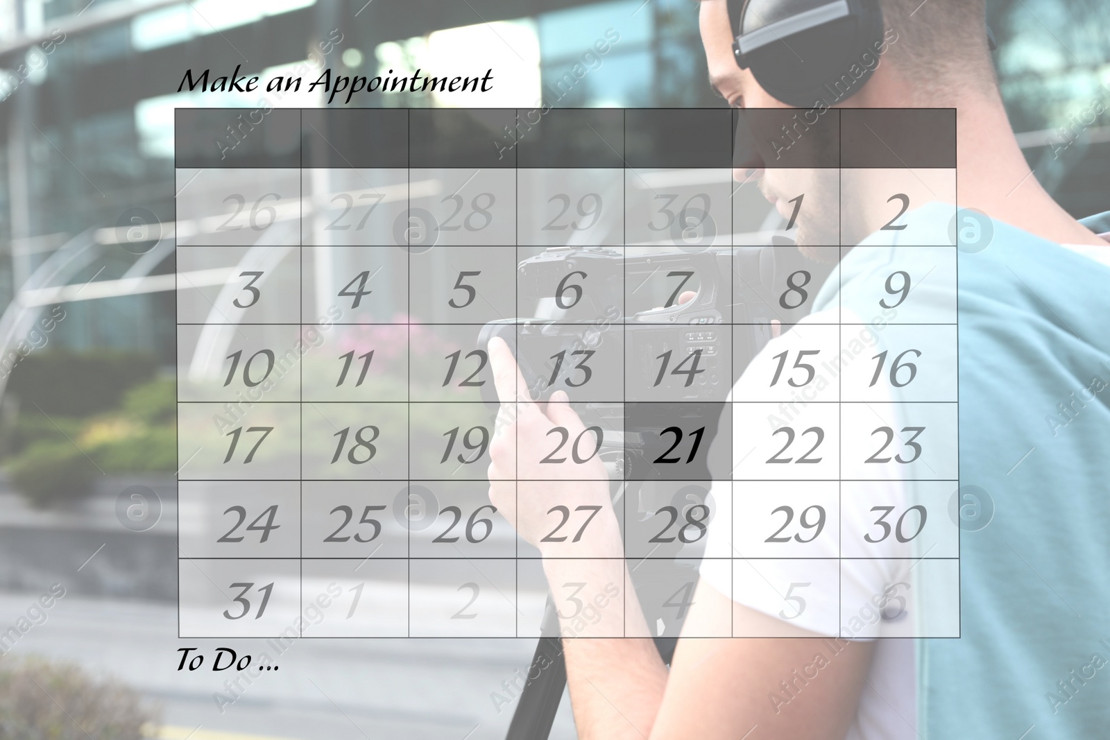 Double exposure of calendar and video operator with camera working outdoors. Personal schedule Image of Double exposure of calendar and video operator with camera working outdoors. Personal schedule