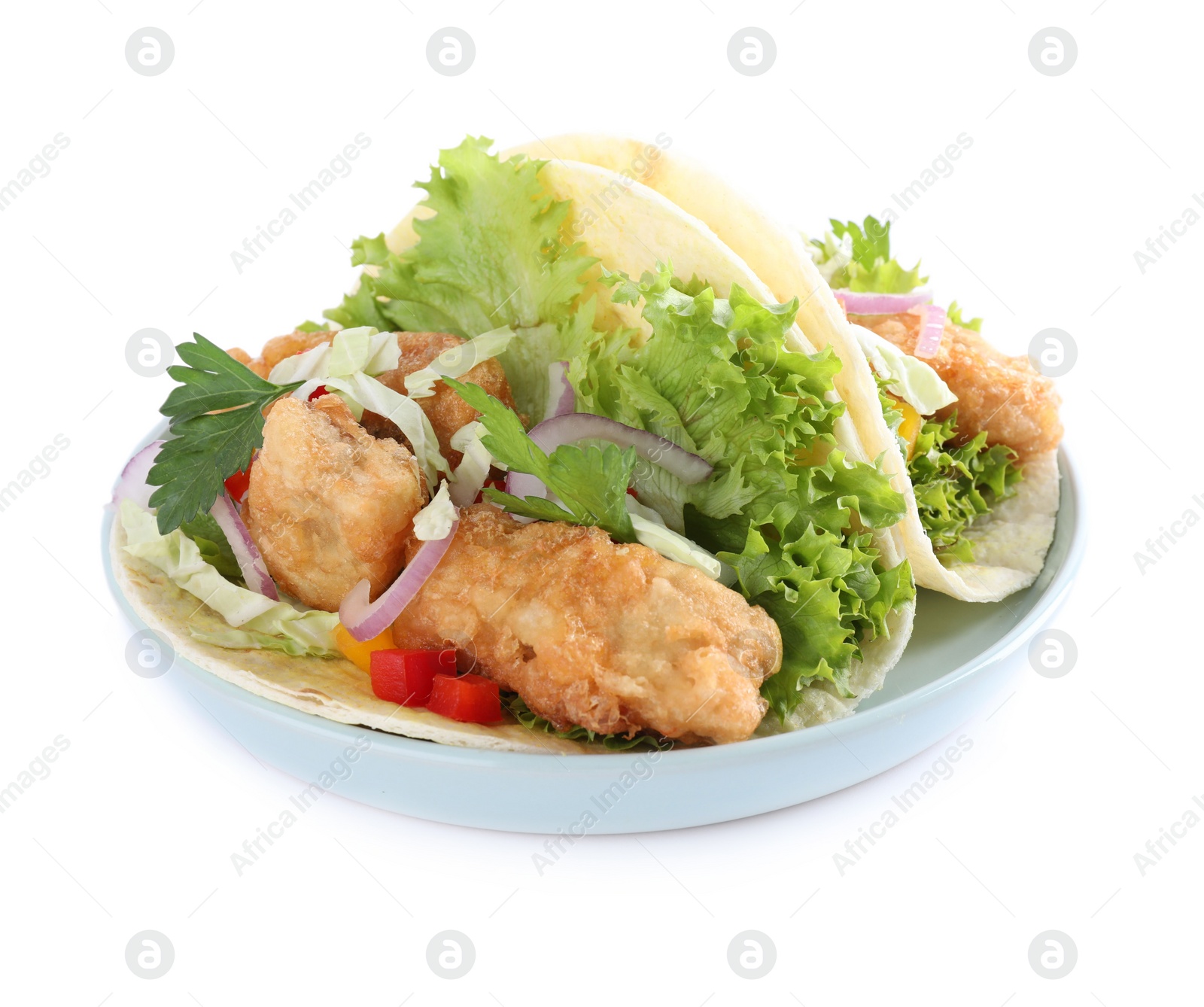 Yummy fish tacos with lettuce isolated on white Photo of Yummy fish tacos with lettuce isolated on white
