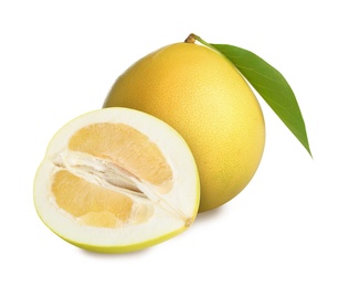 Cut and whole fresh pomelo fruits on white background Image of Cut and whole fresh pomelo fruits on white background
