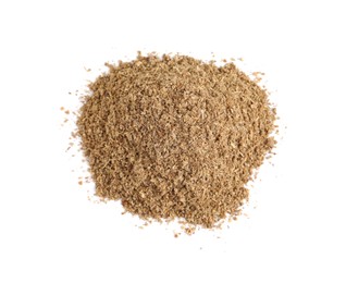 Heap of powdered coriander isolated on white, top view Photo of Heap of powdered coriander isolated on white, top view