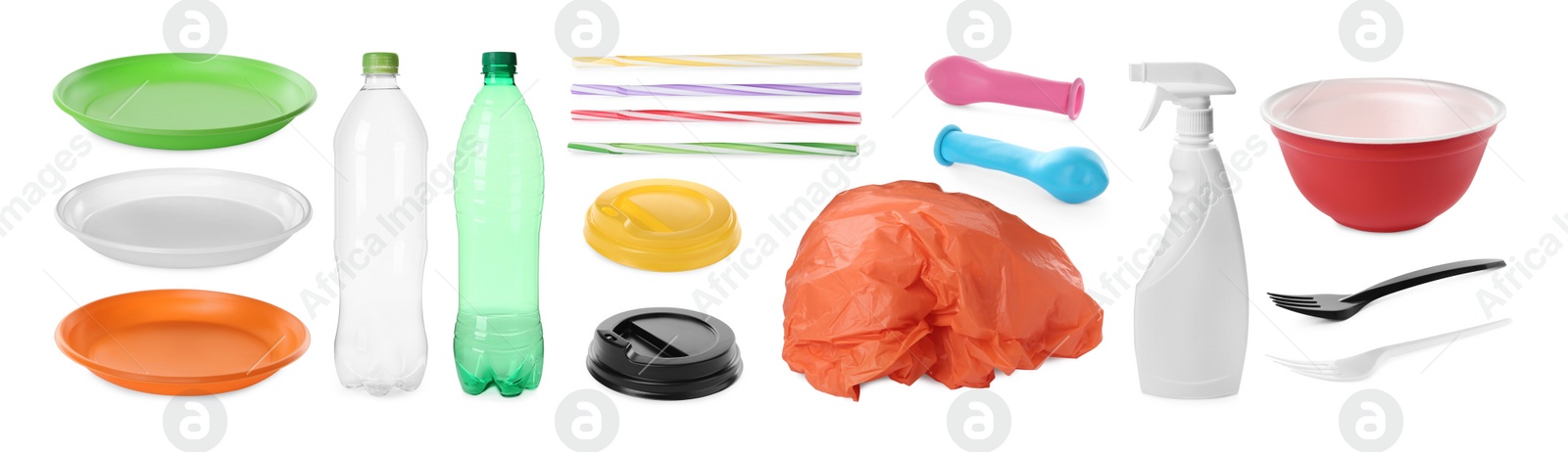 Set with different plastic items on white background. Banner design Image of Set with different plastic items on white background. Banner design
