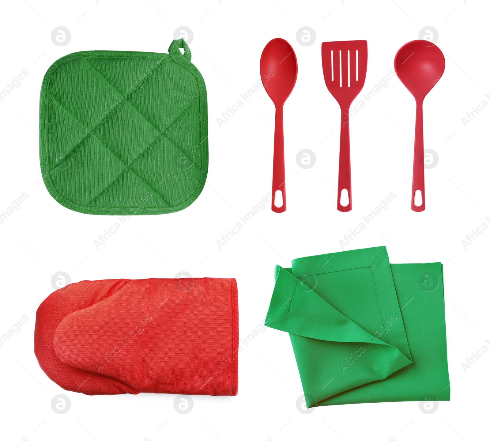 Image of Set with different kitchen utensils and oven glove on white background, top view
