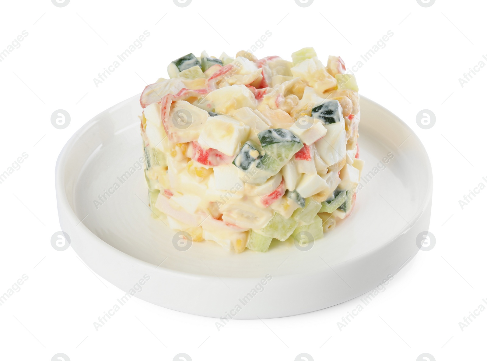 Delicious salad with fresh crab sticks on white background Photo of Delicious salad with fresh crab sticks on white background