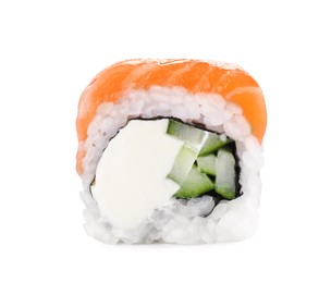 Tasty sushi roll with salmon isolated on white Photo of Tasty sushi roll with salmon isolated on white