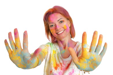 Woman covered with colorful powder dyes on white background. Holi festival celebration Photo of Woman covered with colorful powder dyes on white background. Holi festival celebration