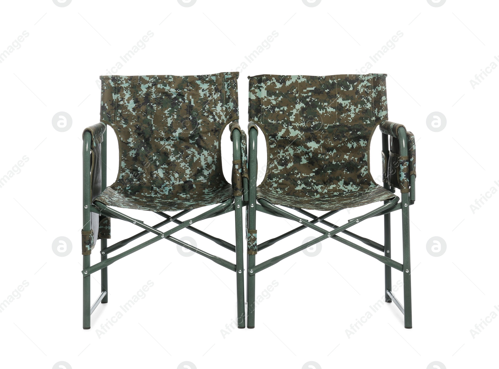 Comfortable camouflage fishing chairs on white background Photo of Comfortable camouflage fishing chairs on white background