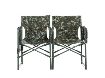 Comfortable camouflage fishing chairs on white background Photo of Comfortable camouflage fishing chairs on white background