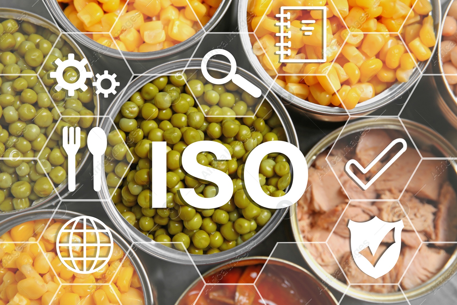ISO 22000 - Food safety management. Open tin cans of conserved products, top view Image of ISO 22000 - Food safety management. Open tin cans of conserved products, top view