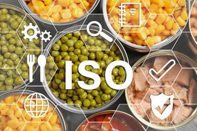 ISO 22000 - Food safety management. Open tin cans of conserved products, top view Image of ISO 22000 - Food safety management. Open tin cans of conserved products, top view