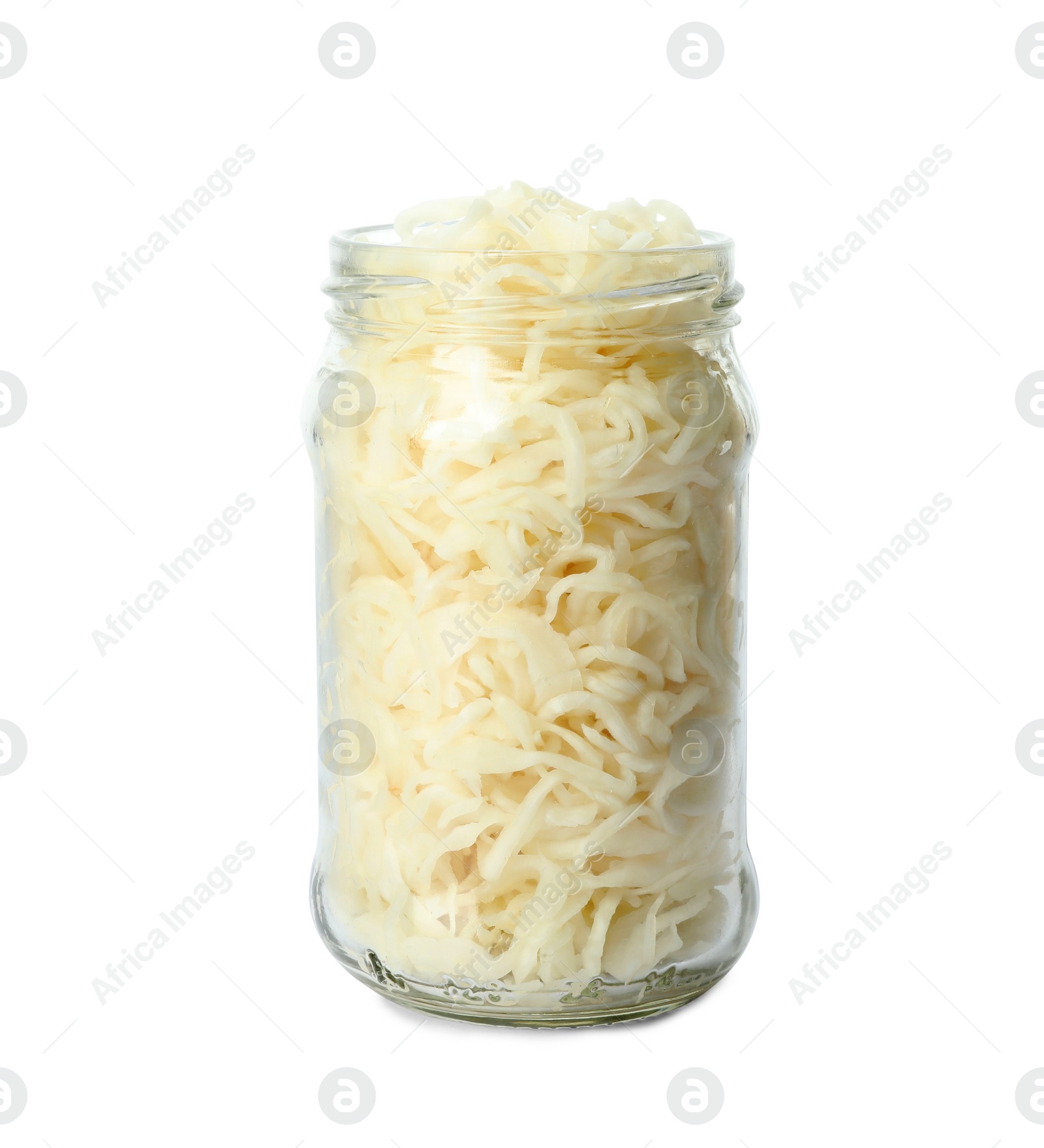 Glass jar of tasty fermented cabbage isolated on white Photo of Glass jar of tasty fermented cabbage isolated on white