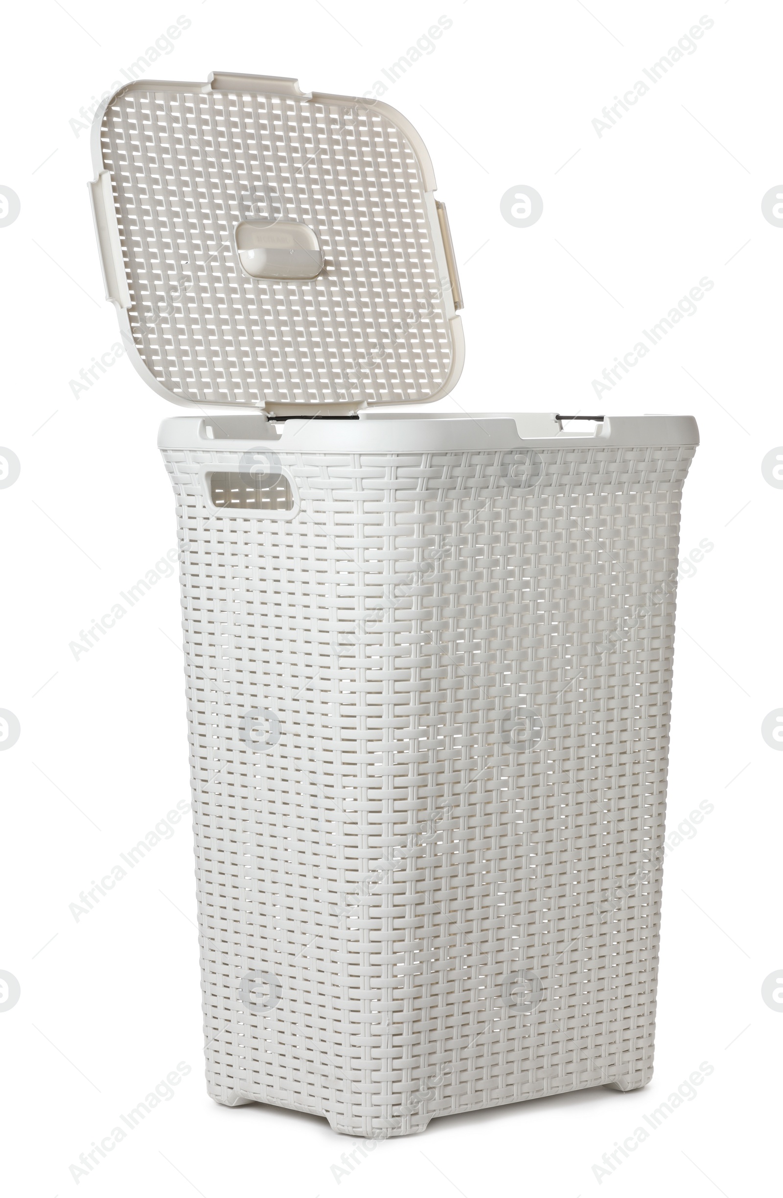 One open empty laundry basket isolated on white Photo of One open empty laundry basket isolated on white