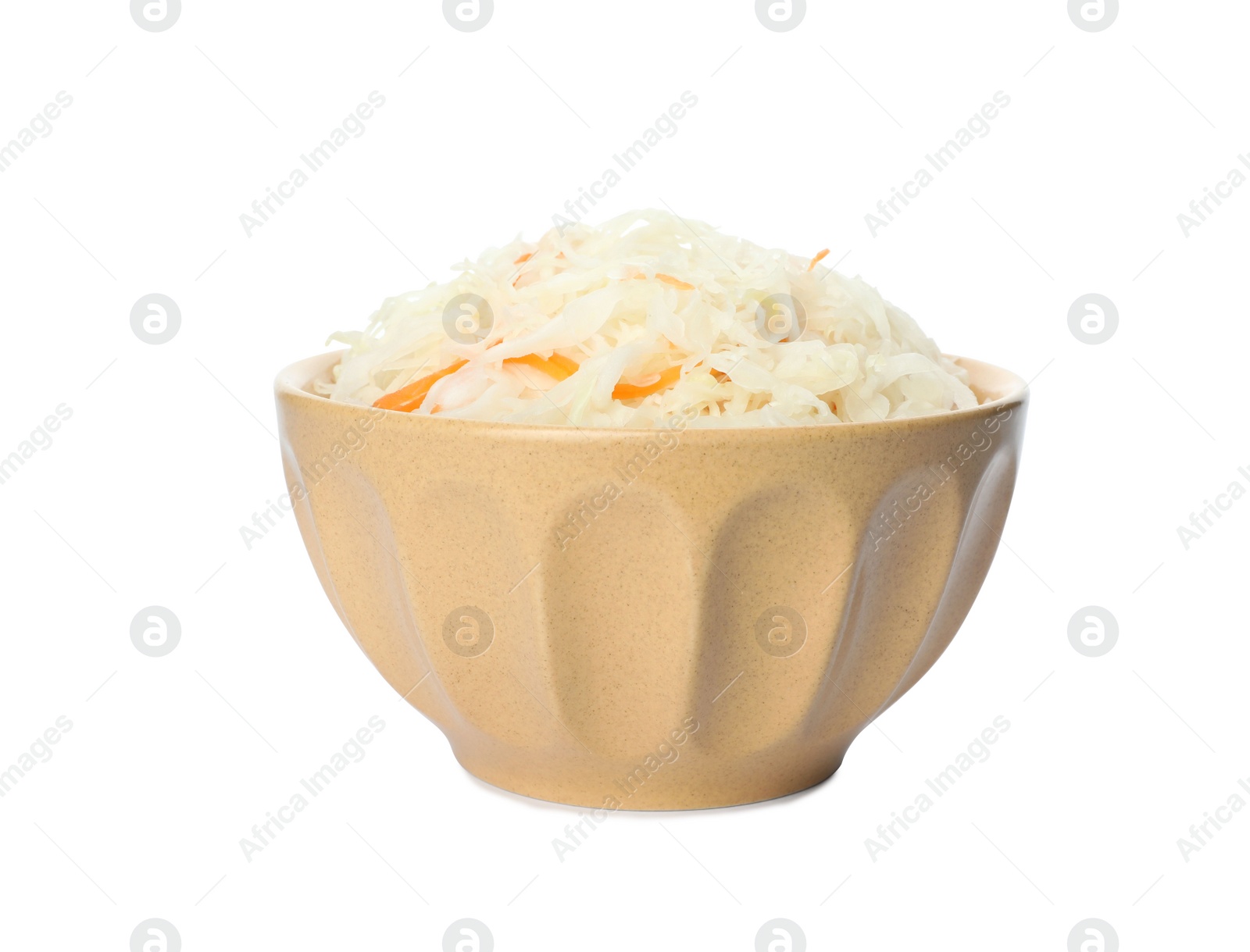 Bowl of tasty fermented cabbage isolated on white Photo of Bowl of tasty fermented cabbage isolated on white