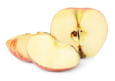 Fresh ripe red cut apple isolated on white Photo of Fresh ripe red cut apple isolated on white