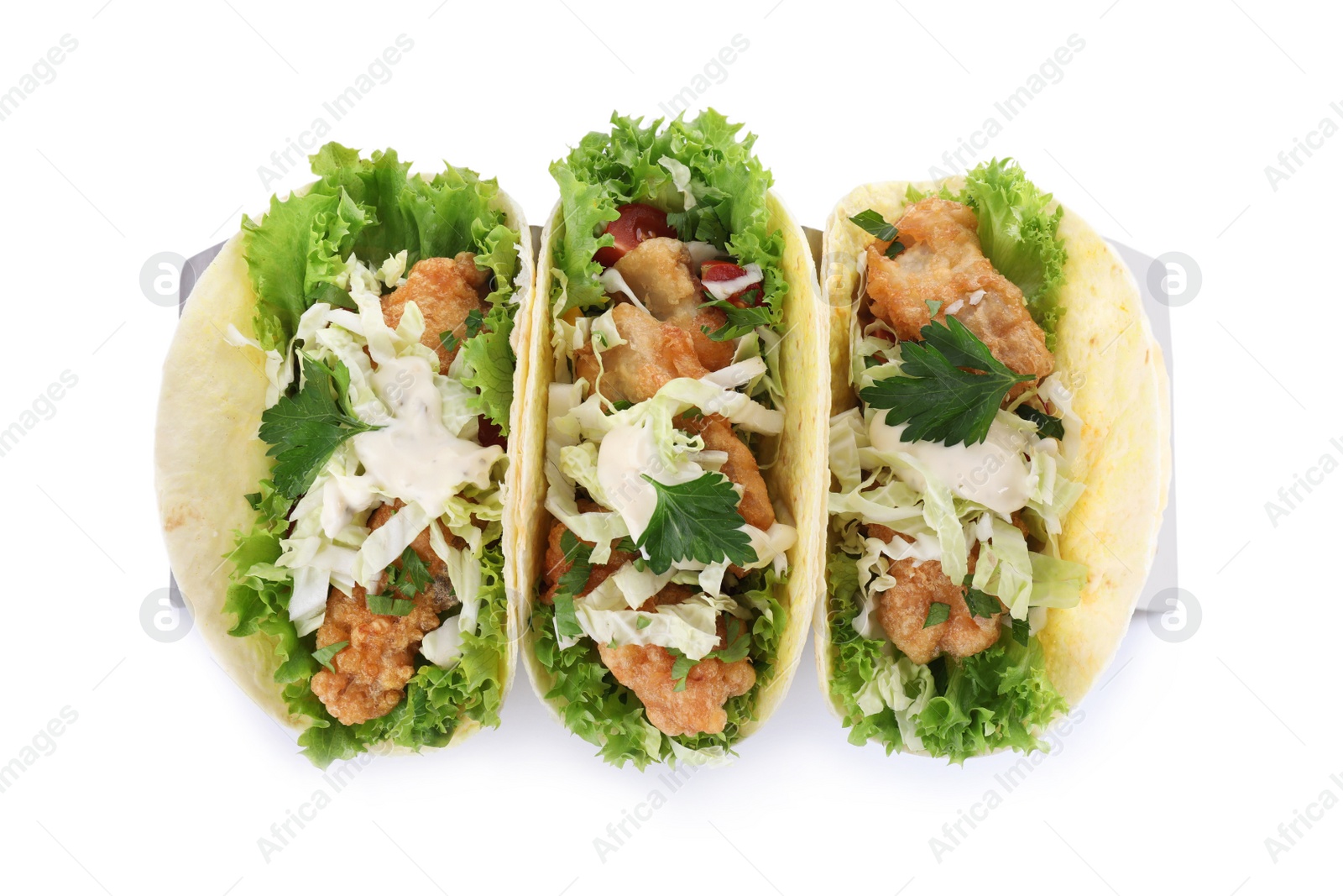 Yummy fish tacos isolated on white, above view Photo of Yummy fish tacos isolated on white, above view