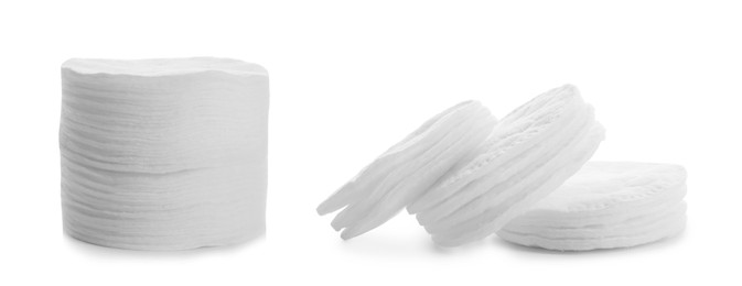 Soft cotton pads on white background, collage. Banner design Image of Soft cotton pads on white background, collage. Banner design