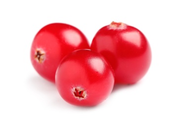 Photo of Fresh red cranberries on white background. Healthy snack