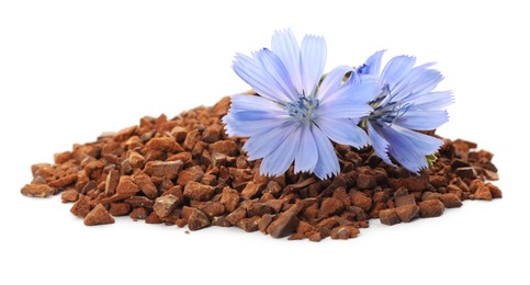 Pile of chicory granules and flowers on white background Photo of Pile of chicory granules and flowers on white background