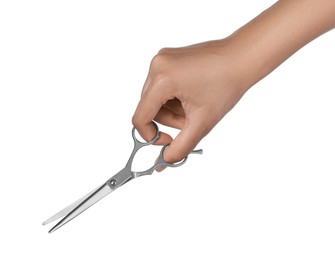 Hairdresser holding professional scissors isolated on white, closeup. Haircut tool Photo of Hairdresser holding professional scissors isolated on white, closeup. Haircut tool
