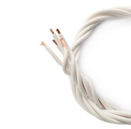 Many twisted electrical wires on white background Photo of Many twisted electrical wires on white background