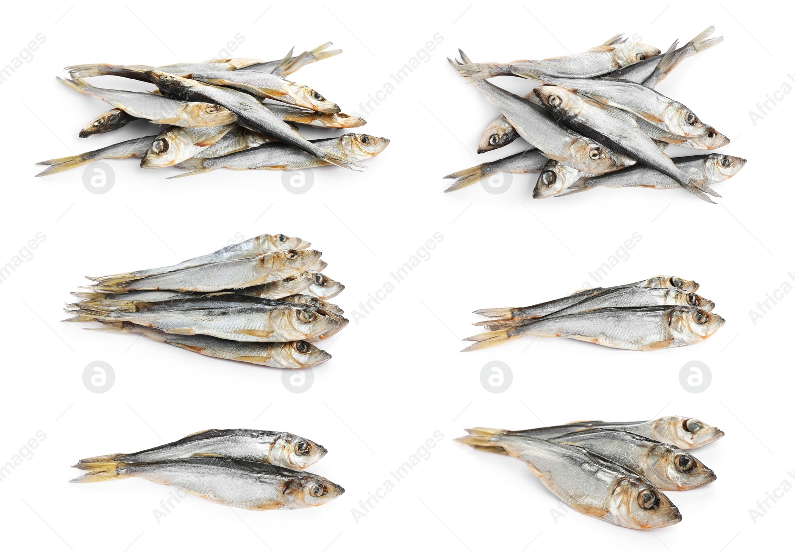Image of Set of tasty dry fish on white background