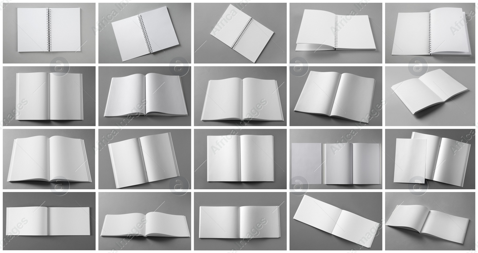 Open blank brochures on grey background, collage. Banner design Image of Open blank brochures on grey background, collage. Banner design