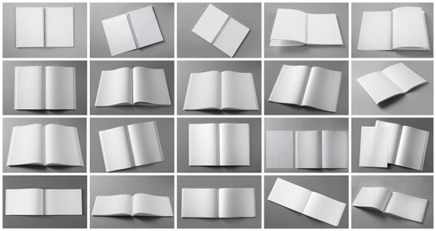 Open blank brochures on grey background, collage. Banner design Image of Open blank brochures on grey background, collage. Banner design