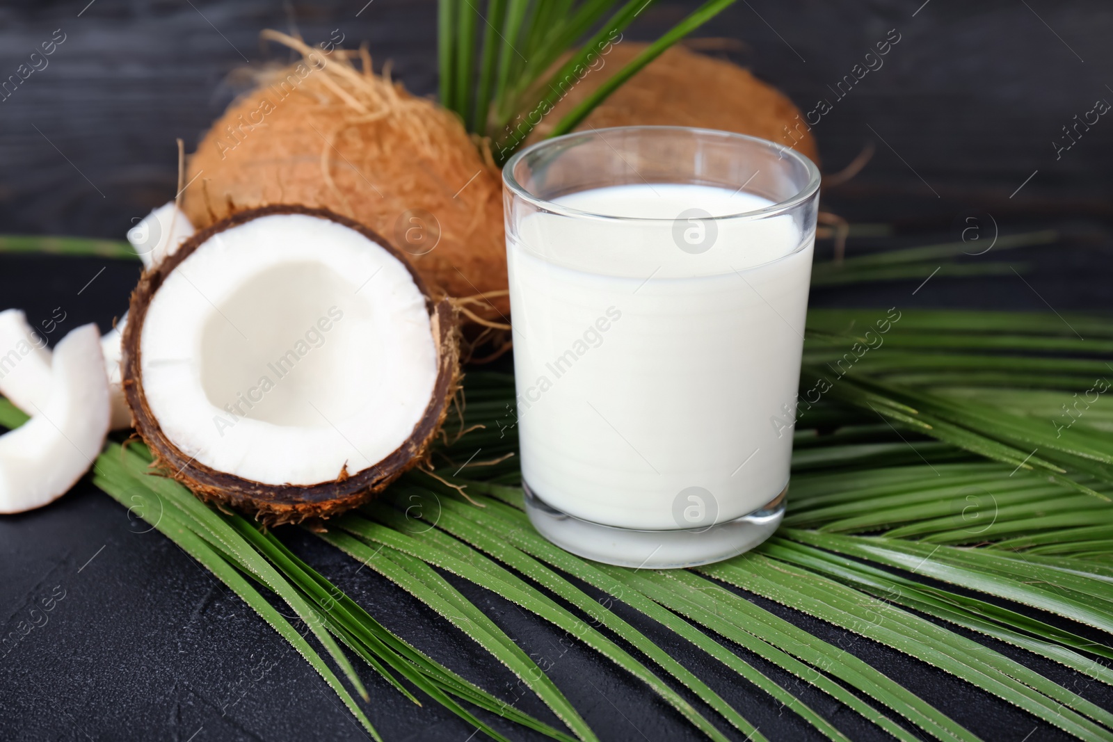 Glass of coconut milk on table Photo of Glass of coconut milk on table