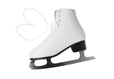 Photo of Stylish figure ice skate isolated on white, top view