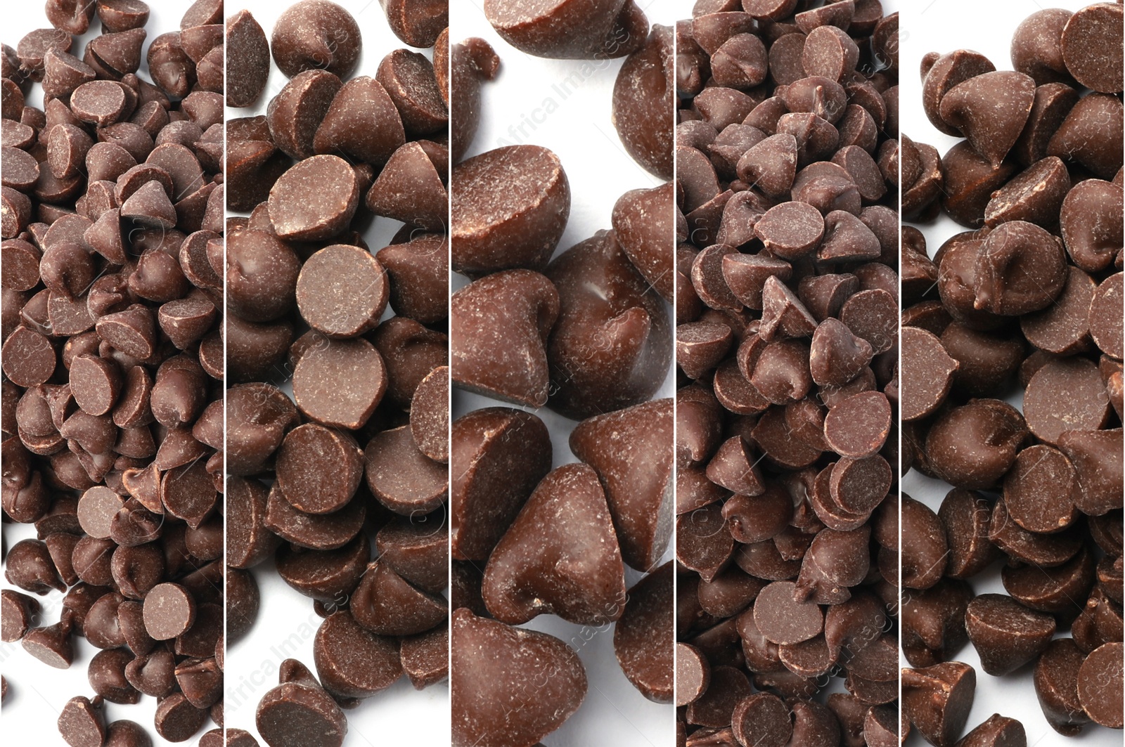 Collage of tasty chocolate chips on white background, top view Image of Collage of tasty chocolate chips on white background, top view