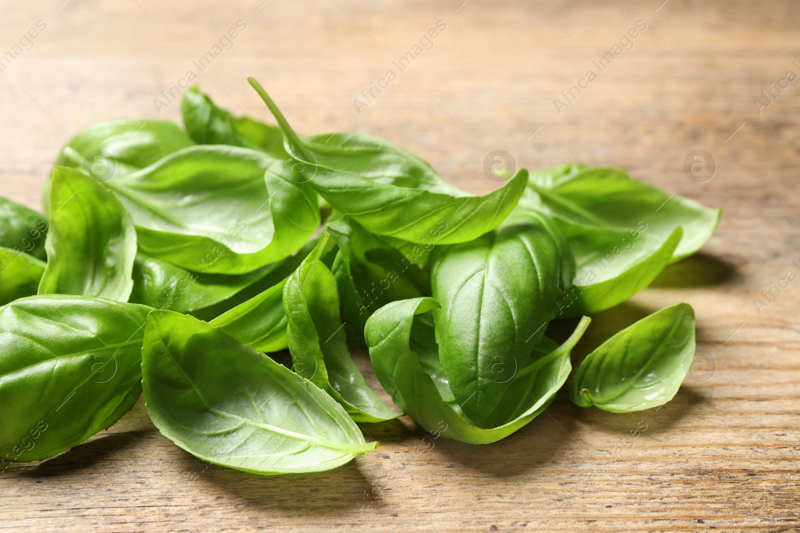 Fresh basil leaves on wooden table, closeup Photo of Fresh basil leaves on wooden table, closeup