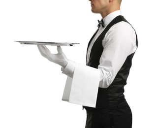 Elegant butler holding silver tray isolated on white, closeup Photo of Elegant butler holding silver tray isolated on white, closeup