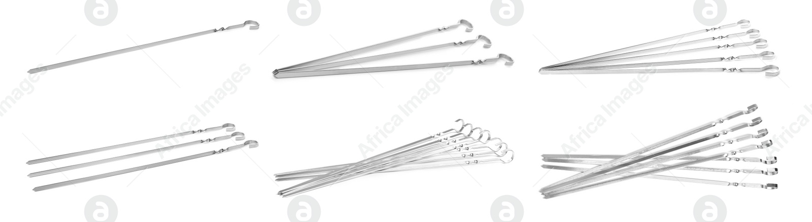 Set with metal skewers on white background. Banner design Image of Set with metal skewers on white background. Banner design