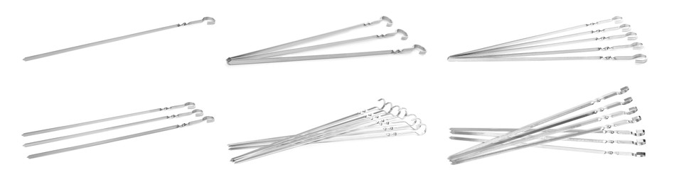 Set with metal skewers on white background. Banner design Image of Set with metal skewers on white background. Banner design