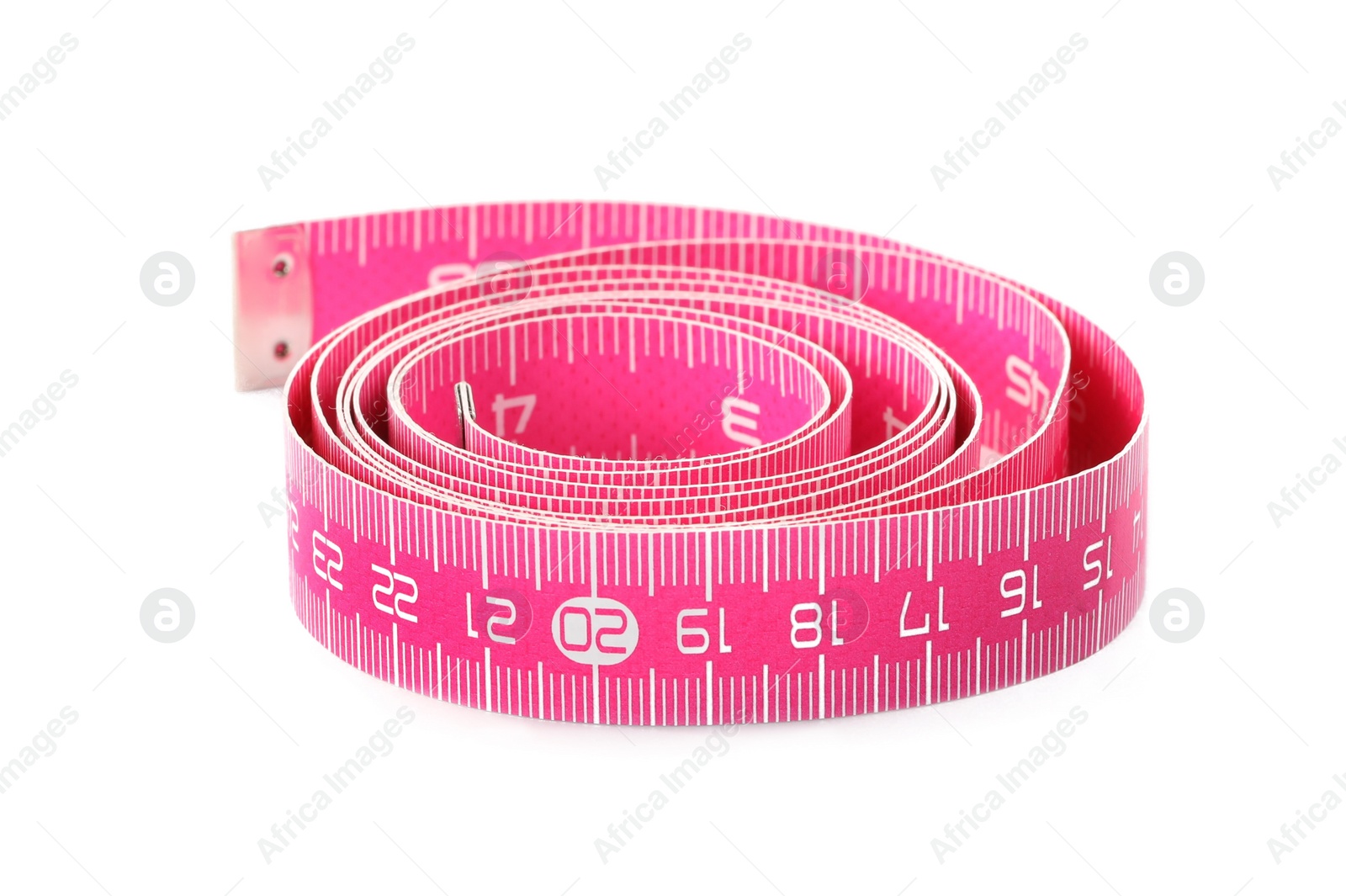 Long pink measuring tape isolated on white Photo of Long pink measuring tape isolated on white