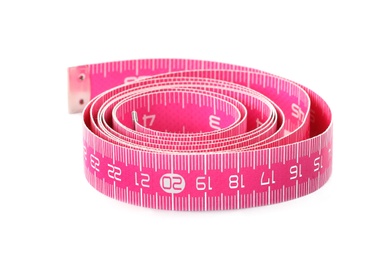 Long pink measuring tape isolated on white Photo of Long pink measuring tape isolated on white