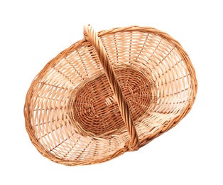 Wicker basket with handle isolated on white, top view Photo of Wicker basket with handle isolated on white, top view