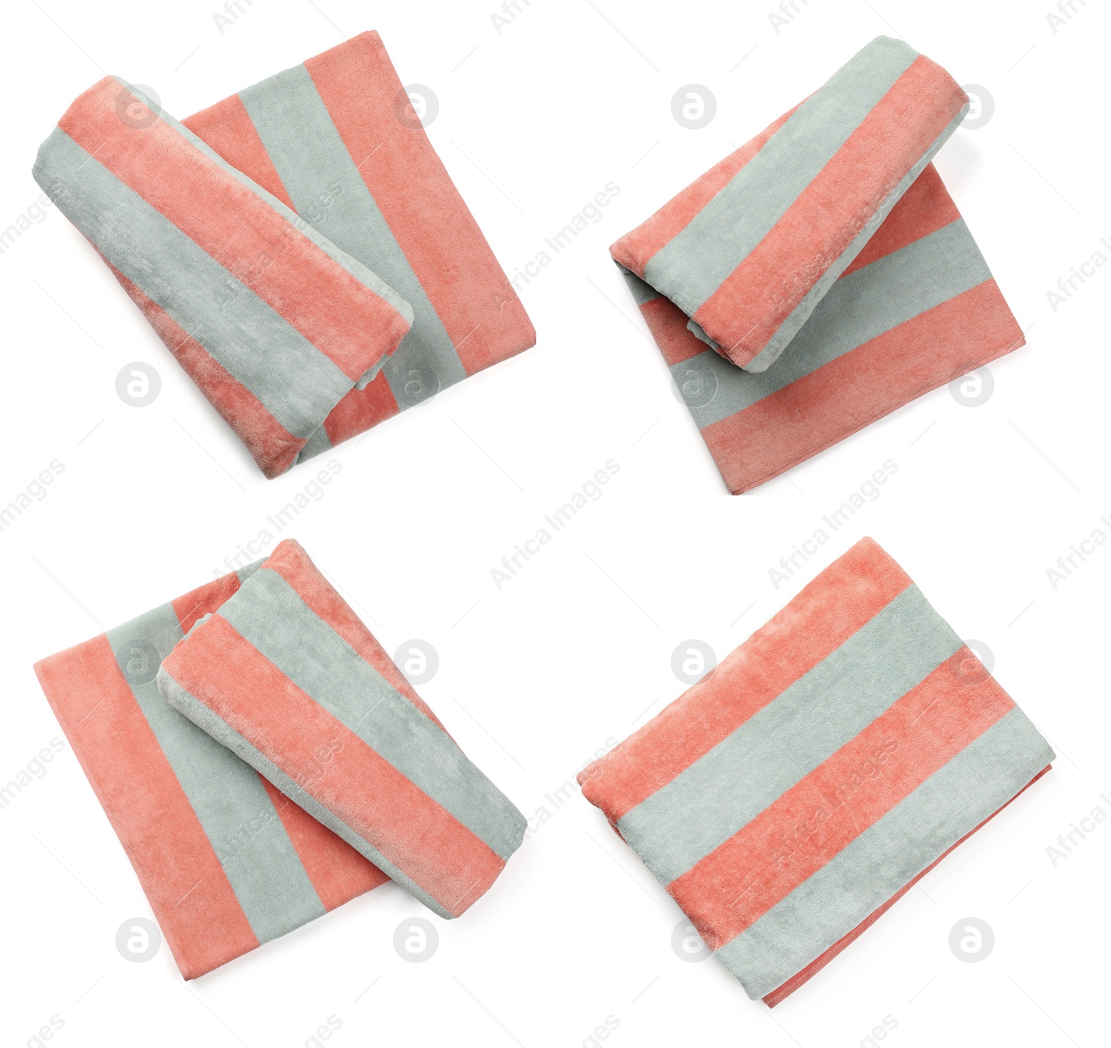 Set with striped beach towels on white background, top view Image of Set with striped beach towels on white background, top view