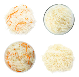 Set of tasty fermented cabbage isolated on white, top view Image of Set of tasty fermented cabbage isolated on white, top view