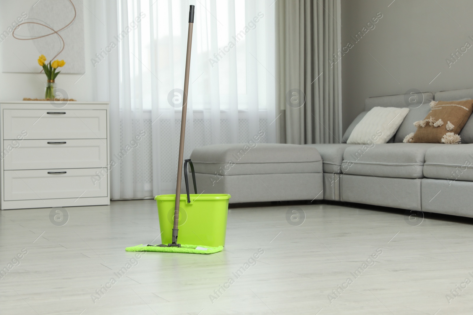 Mop and bucket on wooden floor in living room. Cleaning service Photo of Mop and bucket on wooden floor in living room. Cleaning service