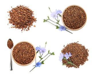 Set with chicory granules and flowers on white background, top view Image of Set with chicory granules and flowers on white background, top view