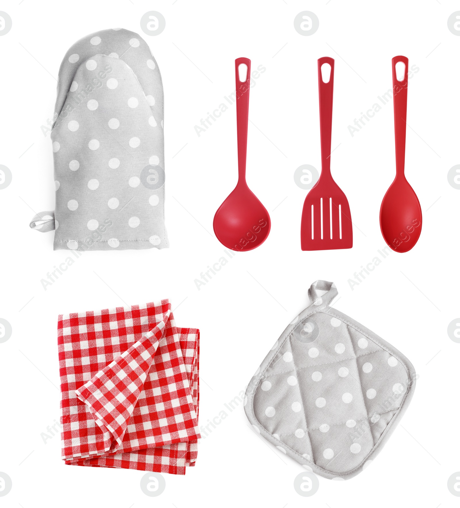 Image of Set with different kitchen utensils and oven glove on white background, top view