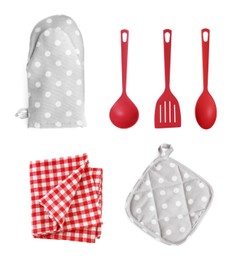 Set with different kitchen utensils and oven glove on white background, top view Image of Set with different kitchen utensils and oven glove on white background, top view