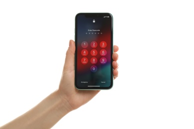 MYKOLAIV, UKRAINE - JULY 9, 2020: Woman holding iPhone X with lock screen on white background, closeup Photo of MYKOLAIV, UKRAINE - JULY 9, 2020: Woman holding iPhone X with lock screen on white background, closeup