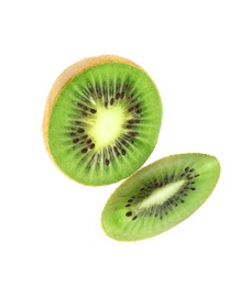 Cut fresh ripe kiwi on white background, top view Photo of Cut fresh ripe kiwi on white background, top view