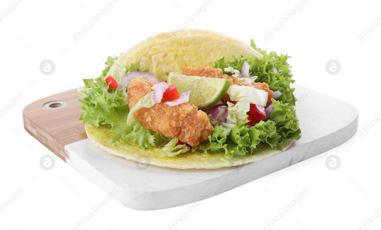 Delicious fish tacos with lime isolated on white Photo of Delicious fish tacos with lime isolated on white