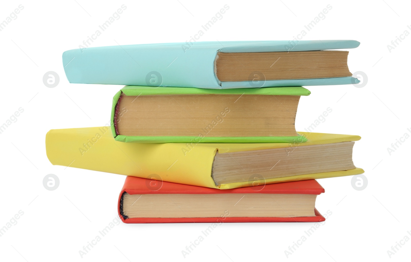 Photo of Many colorful hardcover books on white background