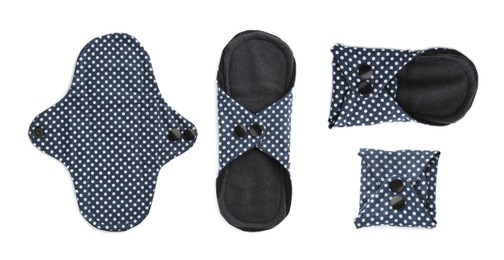 Set with cloth menstrual pads on white background, top view Image of Set with cloth menstrual pads on white background, top view