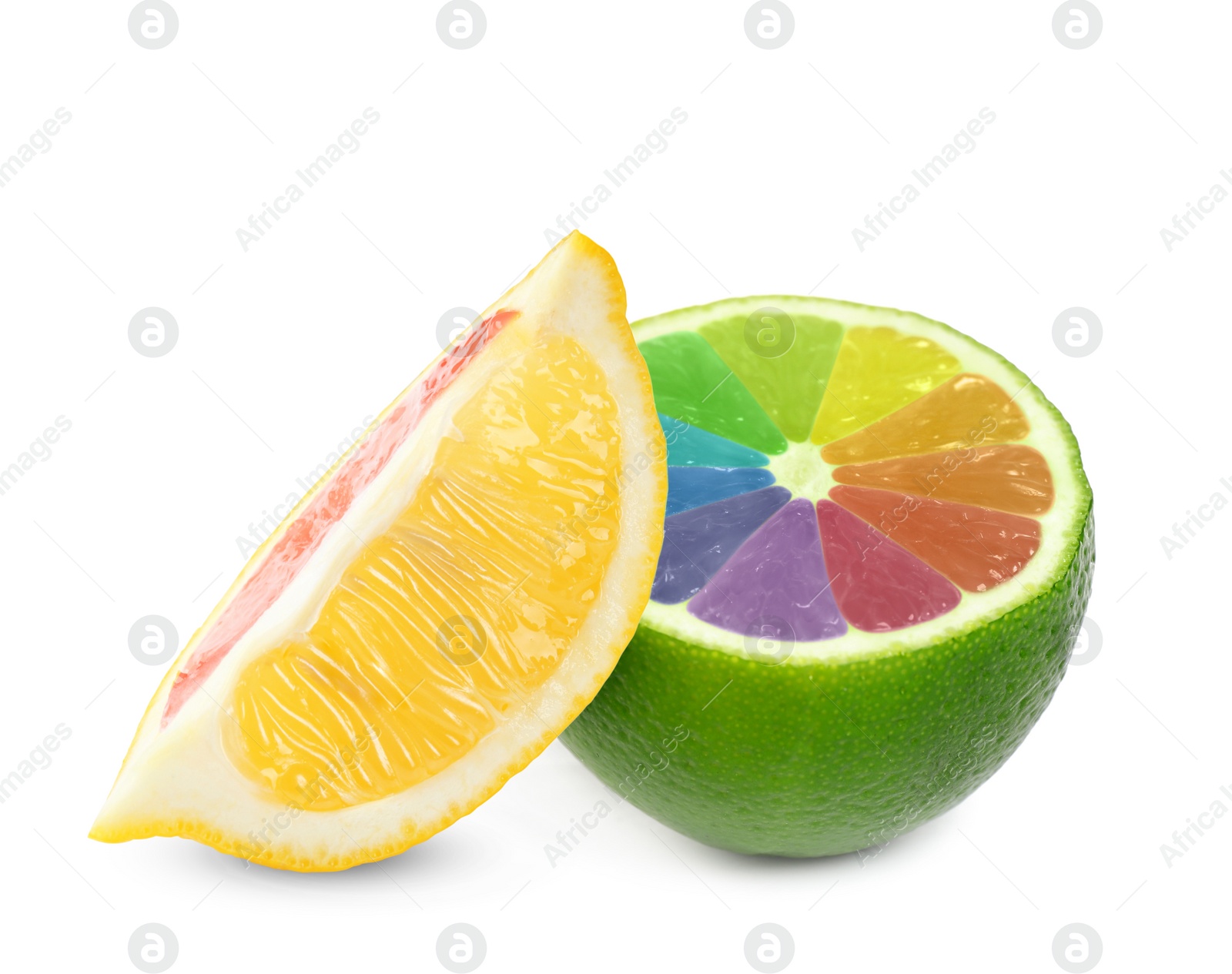Fresh lemon and lime with rainbow segments on white background. Brighten your life Image of Fresh lemon and lime with rainbow segments on white background. Brighten your life