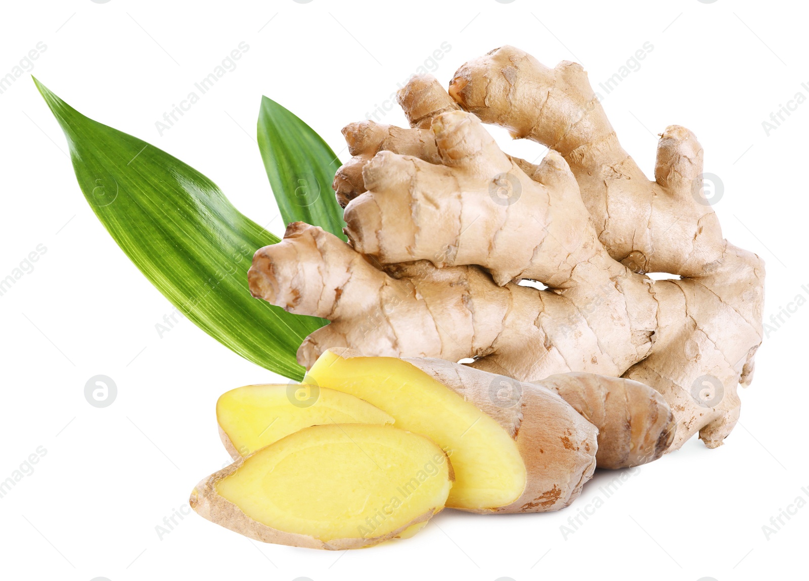 Aromatic fresh ginger with green leaves on white background Image of Aromatic fresh ginger with green leaves on white background